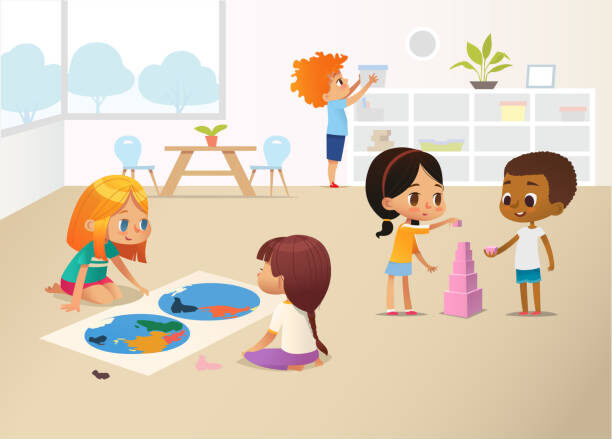 Smiling kids doing different tasks at primary school. Boys and girls building pyramid out of pink blocks and viewing world map. Montessori environment concept. Vector illustration for poster, banner