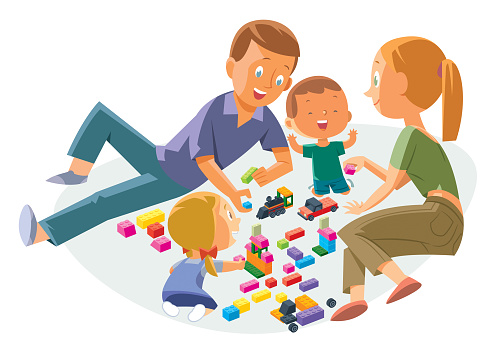 Vector Happy Parents with Children Playing Game at Home